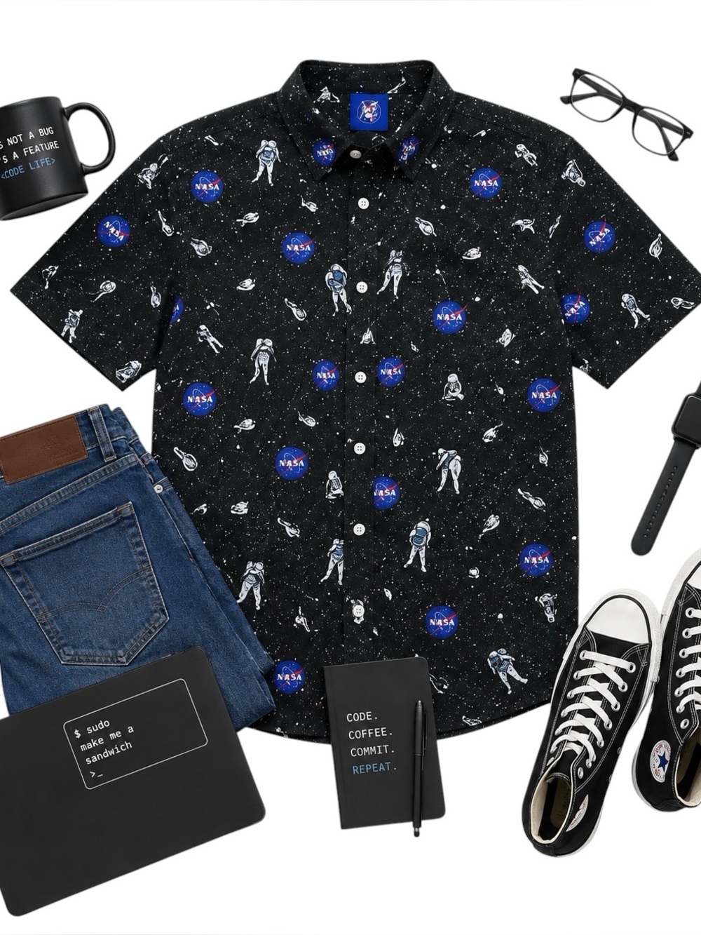 Massive Apparel NASA Astronaut Space Print Button Up Shirt Black Men Size L EUC